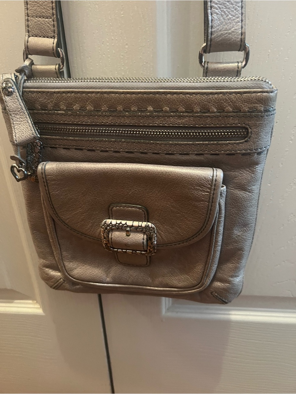 Brighton Taupe Faux-Leather Crossbody Bag with Front Buckle Pocket